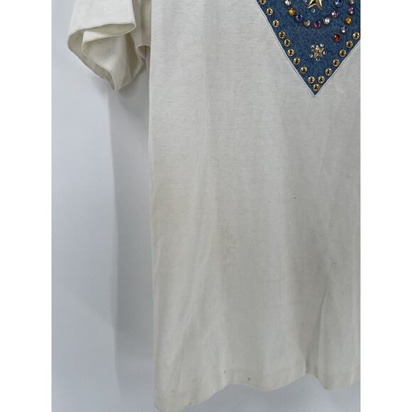 Special F/X Vintage Blouse Womens XL White Denim Beaded Neckline V Neck Studded - Picture 9 of 16